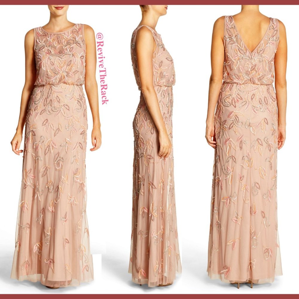 NEW $379 Adrianna Papell Embellished Blouson‎ Gown in Blush [SZ 6 ]